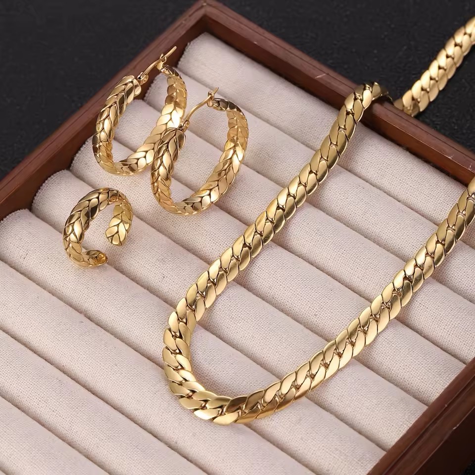Hip Hop Retro Wide Chain Stainless Steel Collarbone Chain Set Wholesale