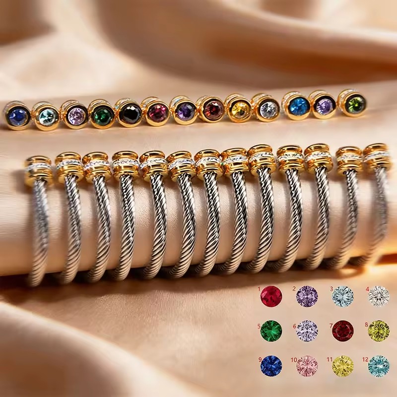 Stainless Steel Bracelet Trendy Zircon Birthstone Open Twist Bangle Jewelry for Women Wedding & Anniversary Birthday Gift
