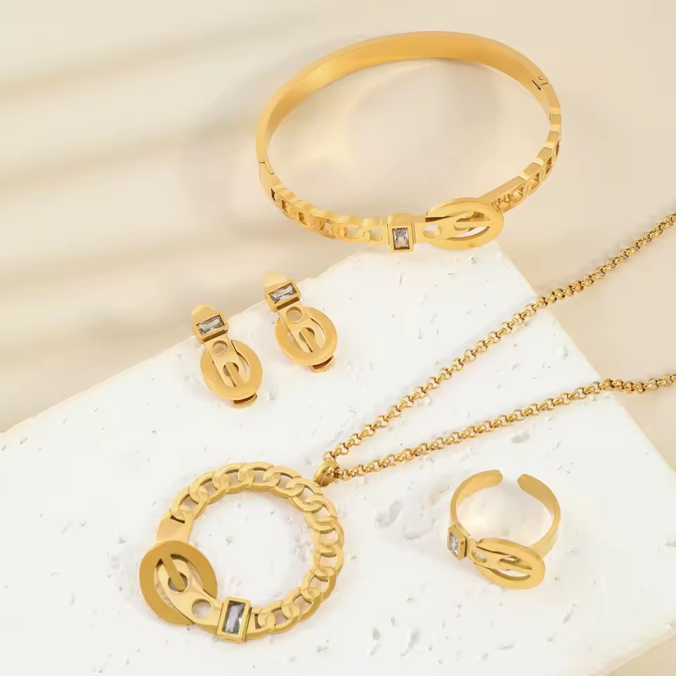 Simple Style Belt Buckle Design Stainless Steel Jewelry Set 4 Pieces