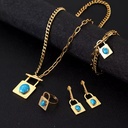 Stainless Steel Turquoise Bracelets Set Joker Necklace Square Pendant Charm 4pcs Jewelry Suit Set