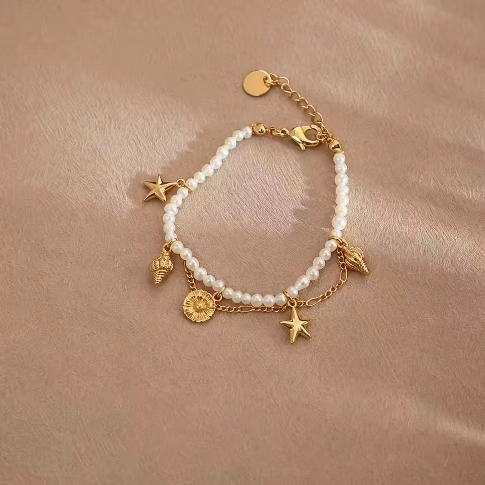 Vintage 3mm Freshwater Pearl Bracelet 18k Gold Plated Starfish Shell Daisy Charm Summer Ocean Beach Party Jewelry for Women