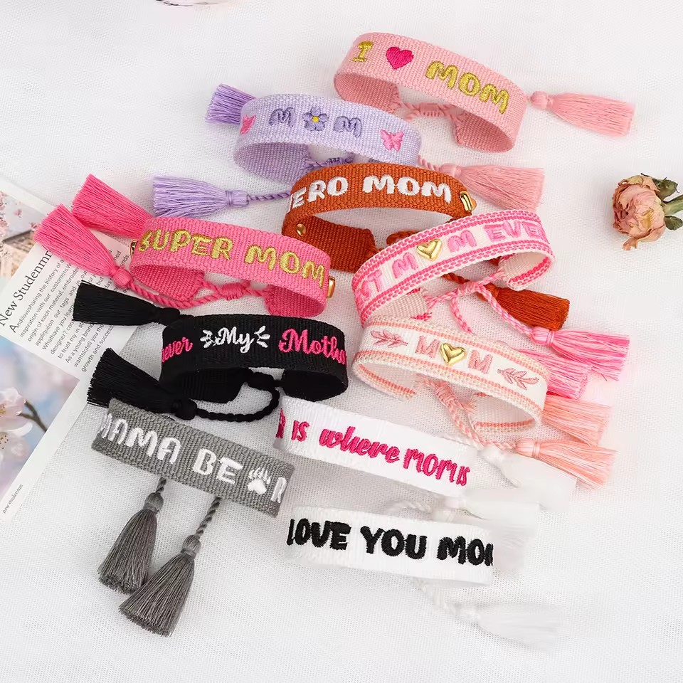 Custom Letter Pattern Name Handmade Fabric Knitted Embroidered Unisex Tassel Bracelets Gift for Mother's Day