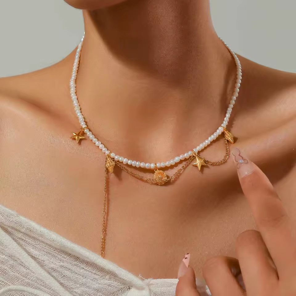 Bohemian Style Women's Summer Beach Vacation Necklace Handmade Pearl Jewelry Ocean English Letters Beads Chain Type for Gift