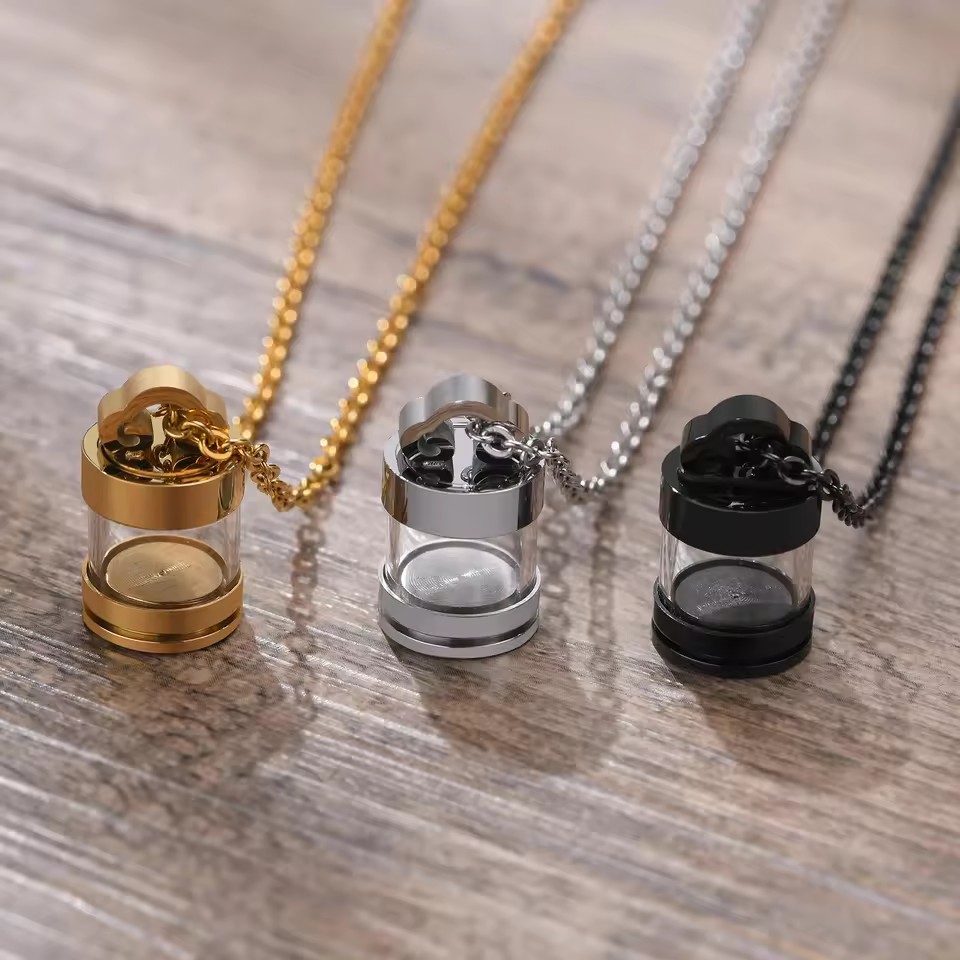 Nostalgic Classic Children's Stainless Steel Link Chain Necklace with Openable Glass Transparent Ashes Pendant-Gift