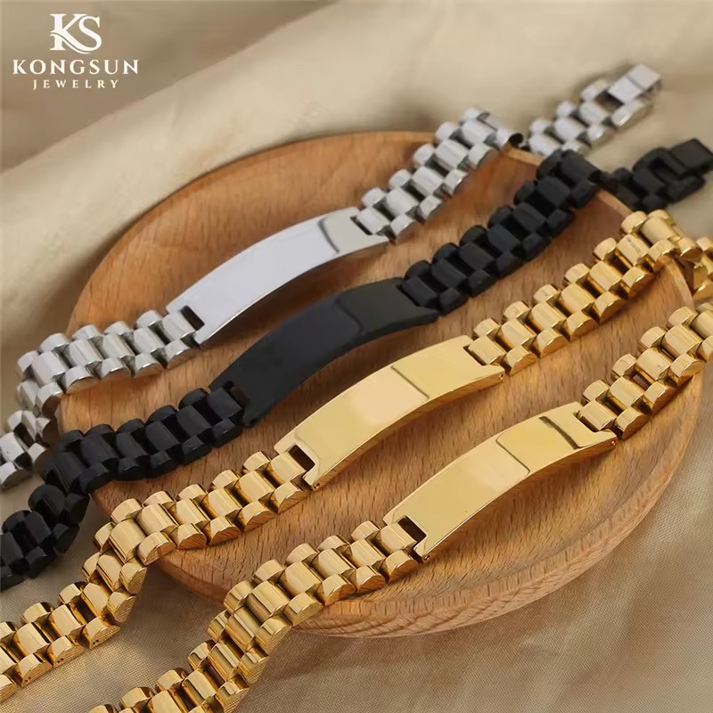Personalized Laser Engraved Waterproof Jewelry 18k Gold Stainless Steel Watch Band Strap Bracelet Geometric Blank Bar Bracelet