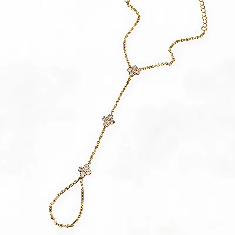 Micro Paved Four Leaf Petal Zircon Finger Chain Stainless Steel Bracelet Anklet 2 In 1 For Women