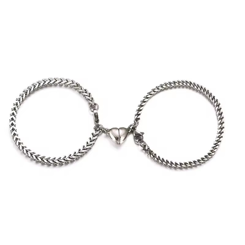 Double Heart Magnetic Couple Wrist Band, Waterproof Non Tarnish Stainless Steel Magnet Bracelet for Anniversary Gift