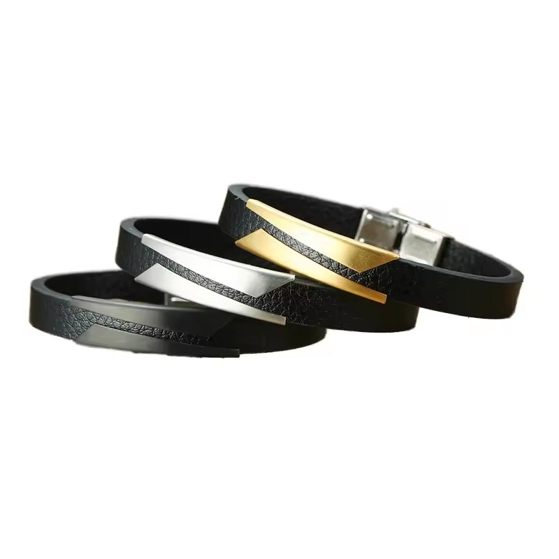 Jewelry European and American Fashionable Men Stainless Steel Inclined Sheet Curved Brand Ultrafine Leather Bracelet