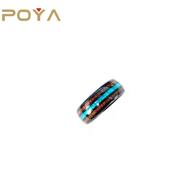 8mm Black Tungsten Ring Koa Wood Opal Inlay Wedding Band Comfort Fit