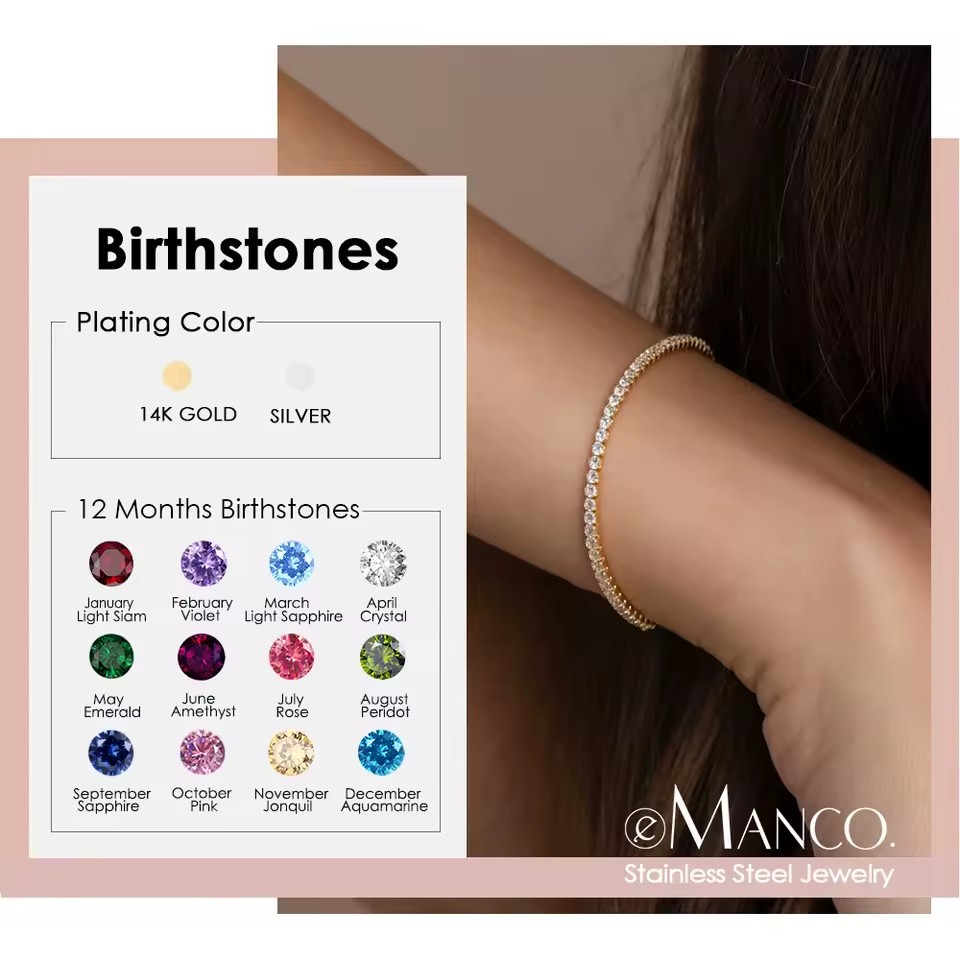 Emanco Bracelet Shiny Multicolor Zircon Birthstone Series with Geometric Fashion Design and Versatile Style