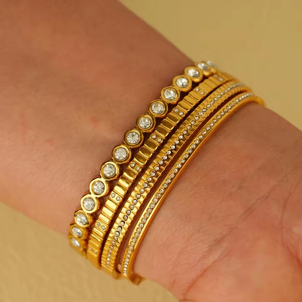 Stainless Steel Women's Micro-Encrusted Zircon Stackable and Versatilet Geometric Round Fully Diamond-Encrusted Bangle Jewelry
