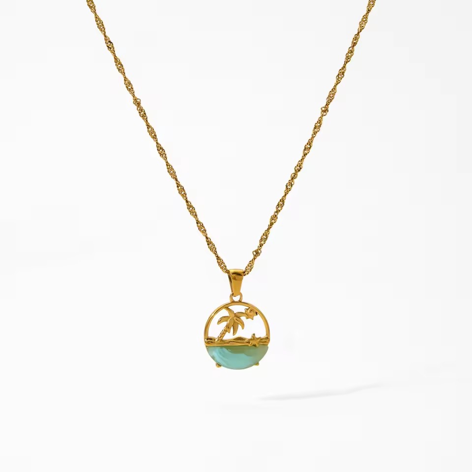 18K Gold Stainless Steel Palm Tree Ocean Wave Pendant Necklaces Natural Larimar Jewelry Gift for Mom Wife Girlfriend