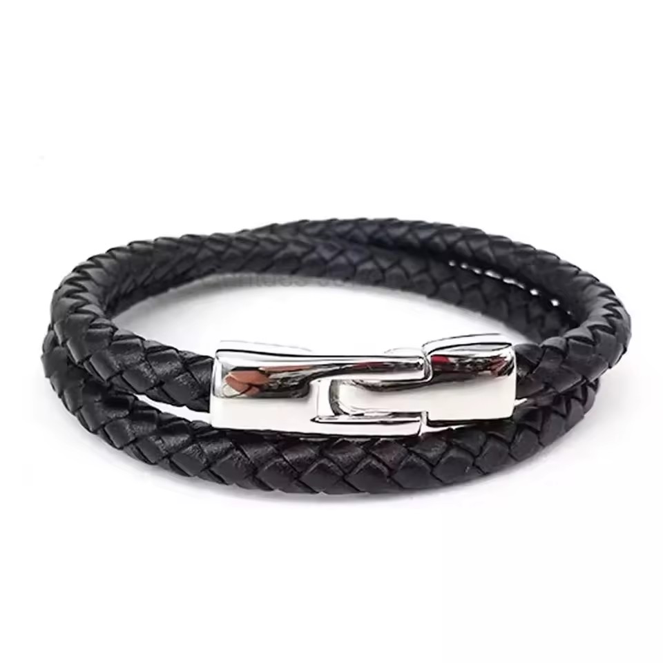 Personalized Stainless Steel Bracelet Men Leather Bracelet Fashion Black Leather Bracelet for Birthday Gift