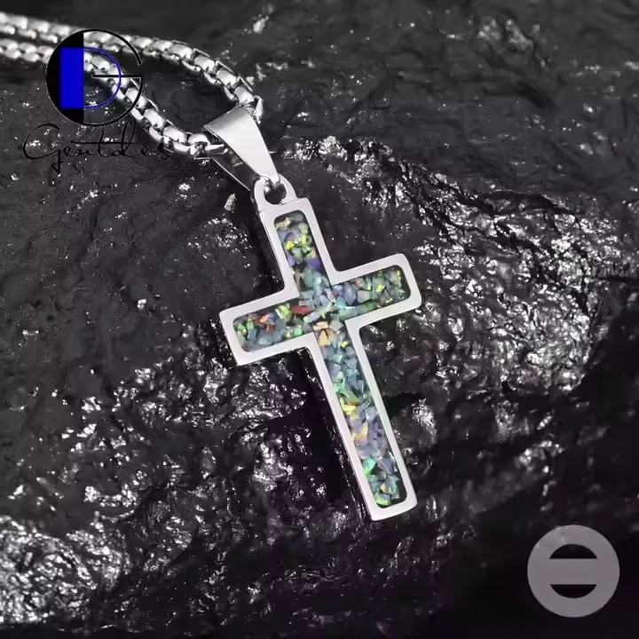 316 Stainless Steel Cross Necklace With Crushed Opal Inlay Silver Color Charming Cross Pendant for Couples