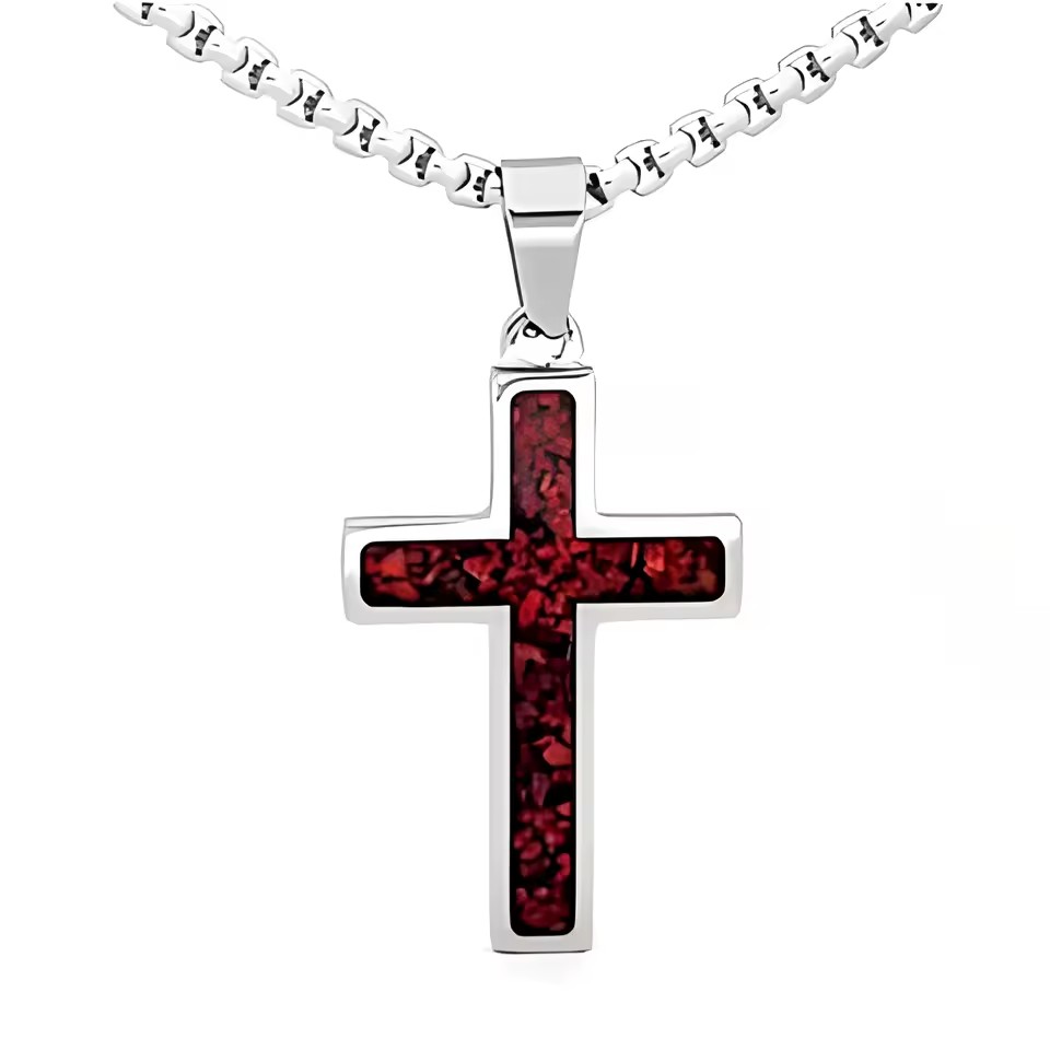 New Fashion Custom Logo Red Fire Opal Inlay Stainless Steel Cross Pendant for Men Waterproof Customized