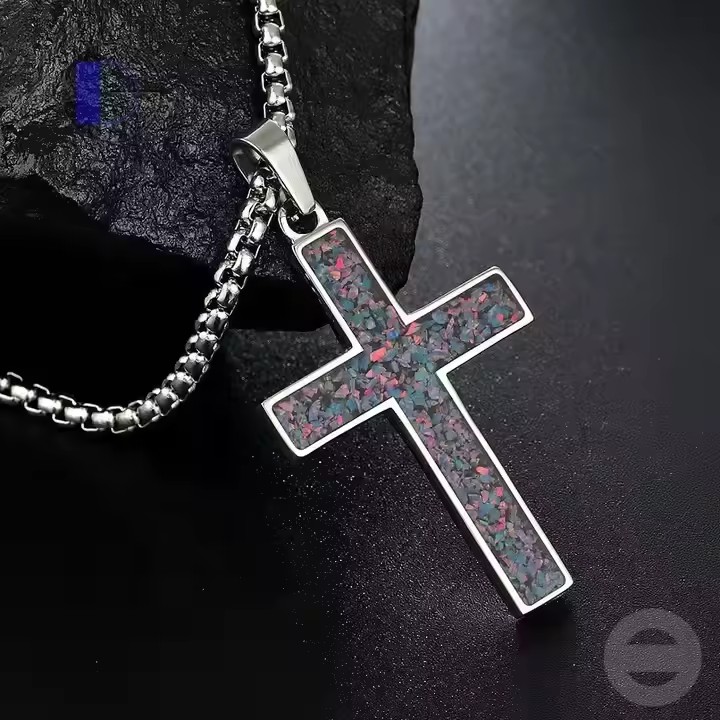 Hot Selling Cross Pendant Opal Inlay Necklace