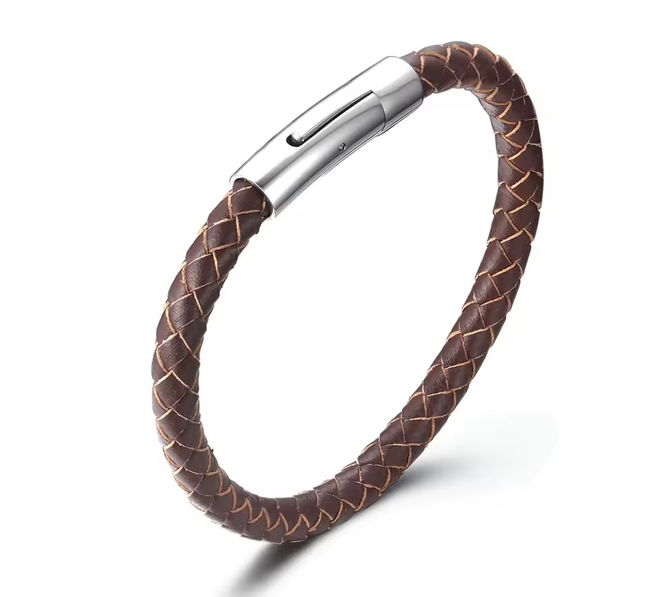 New Designs Laser Engraving logo Simple Leather Bracelet Brown Men Metal Bracelets