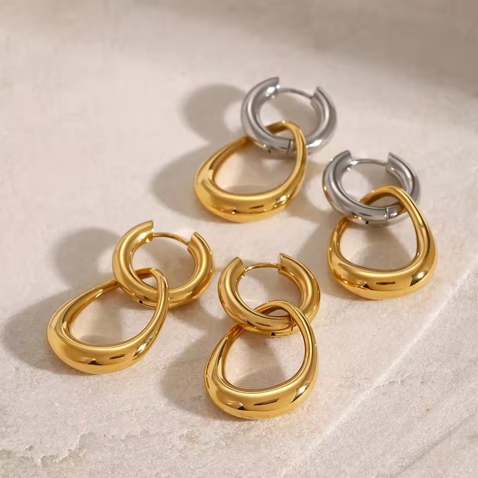 Non Tarnish Minimalist Gold Plated Stainless Steel Hypoallergenic Dangle Drop Hoop Earring Jewelry