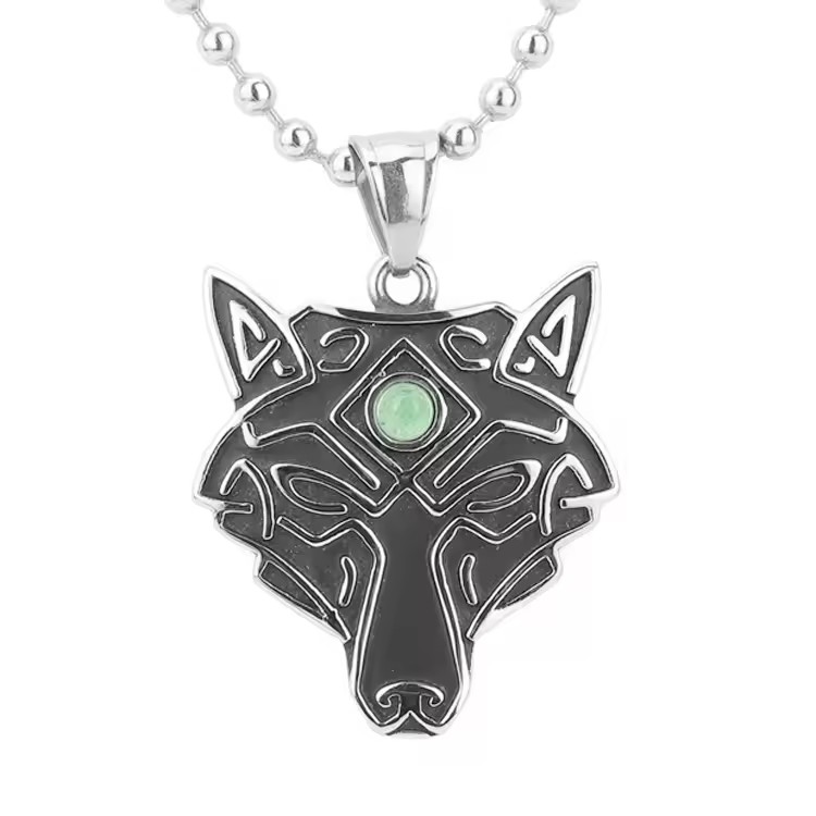 Stainless Steel Punk Amulet Men Animal Wolf Pendant Necklace with Quartz Stone