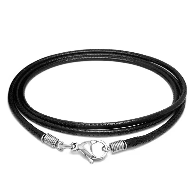 Custom Black Simple Rope Braided Leather Necklace Chain with Steel Clasp