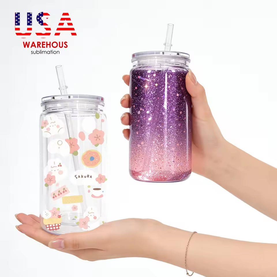 RTS 50 Pack Plastic Mason Jar with Lids and Straw Reusable Double Wall Snow Globe Clear Can with Pre-drilled Hole