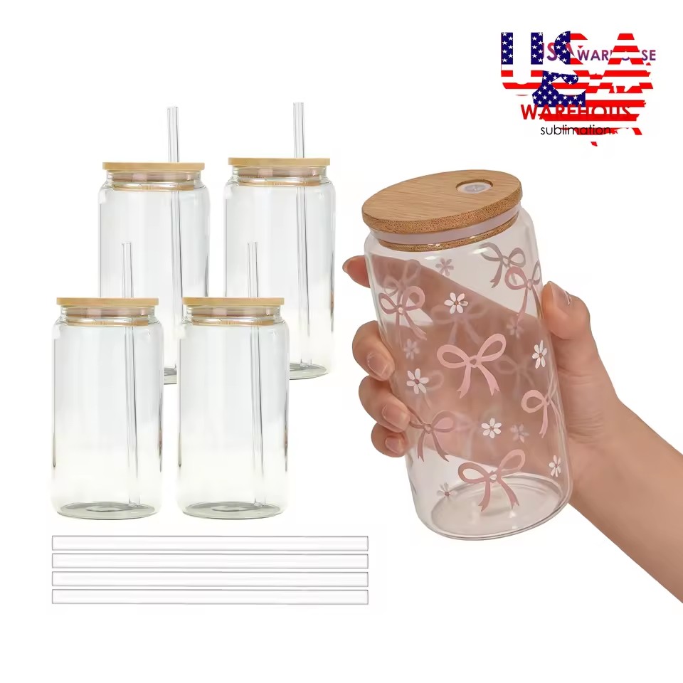 Warehouse RTS 16oz 50 Pack Transparent Glass Can Sublimation Beer Glass Cup with Bamboo Lid