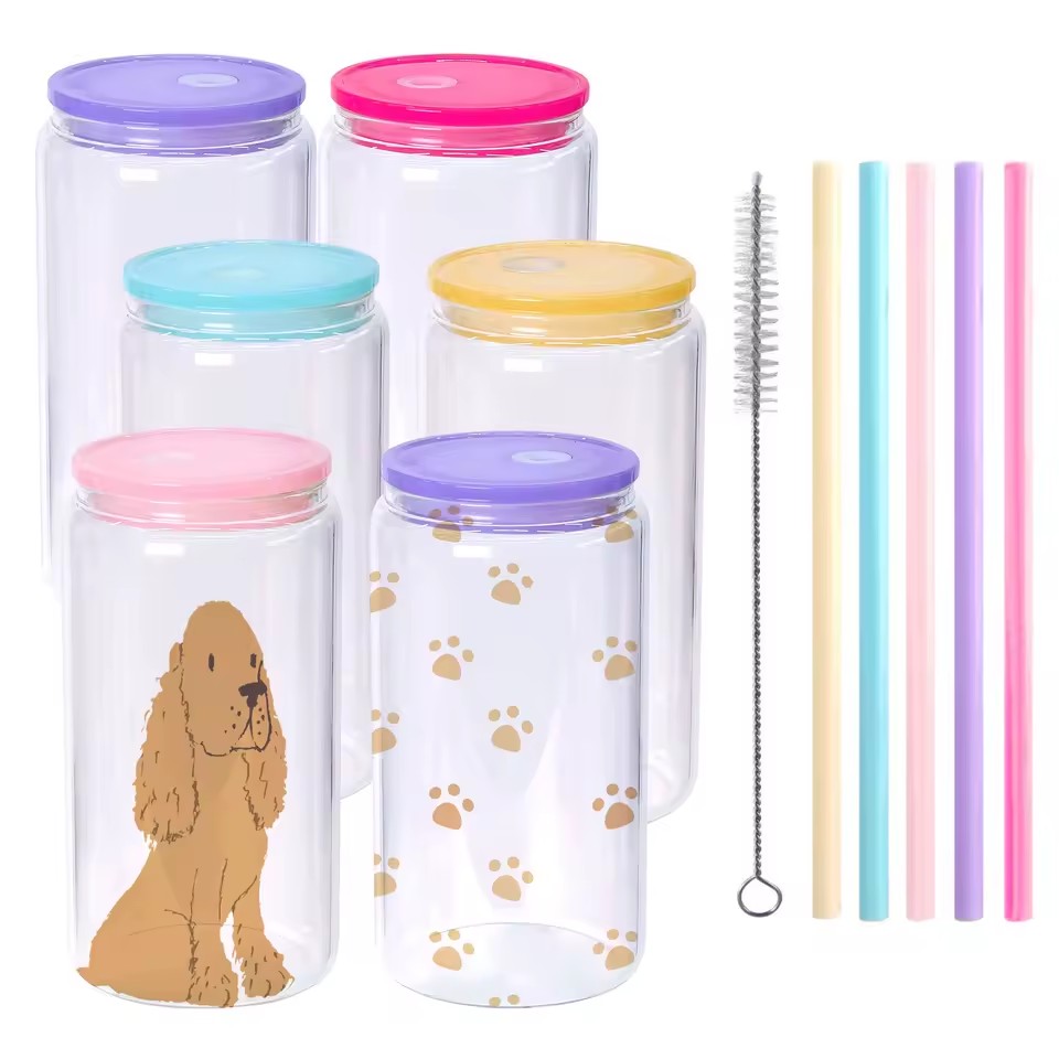 Custom Logo Sublimation Blank 16oz Eco-Friendly Clear Glass Can DIY Cup Mug Tumblers with Lid and Straw for Presents