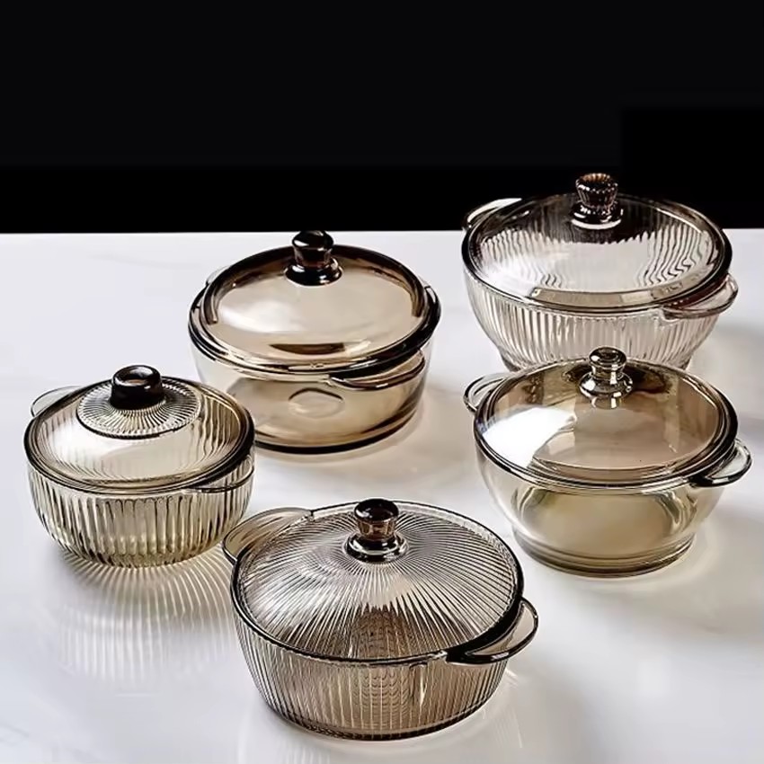 Classic Brown Double Handle Salad Crystal Bowl Set with Lid Wholesale Gift for Kitchen Use