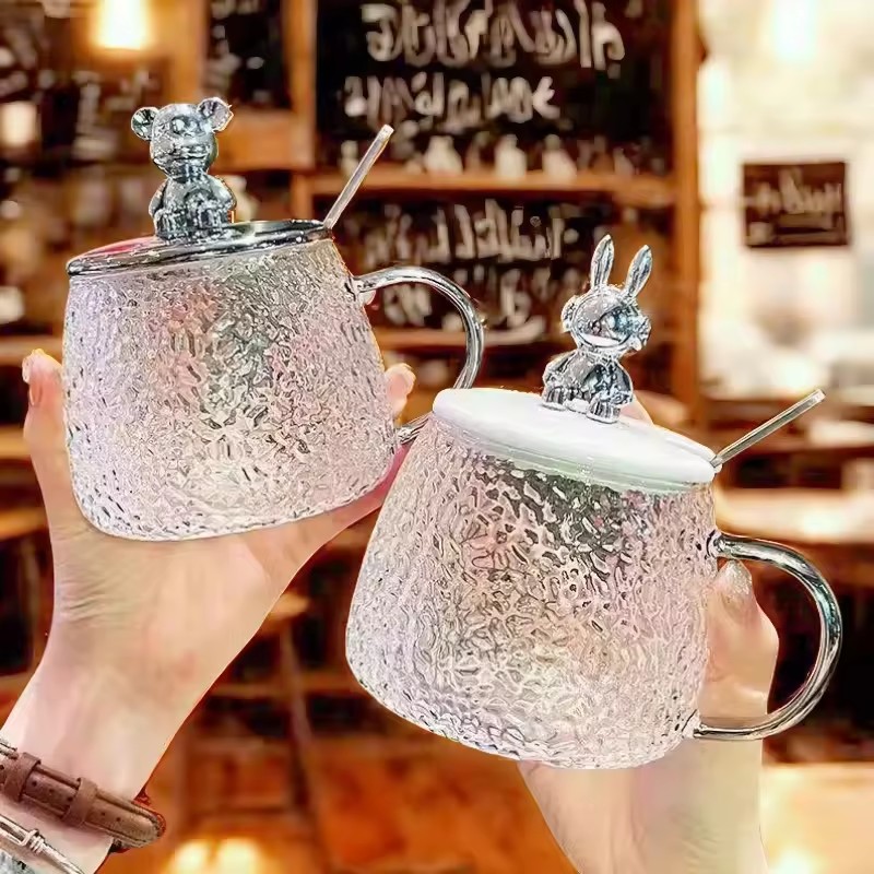 Hot Selling Modern 400ml Glass Coffee Mug with Lid and Spoon Leak-Proof Portable Factory Wholesale