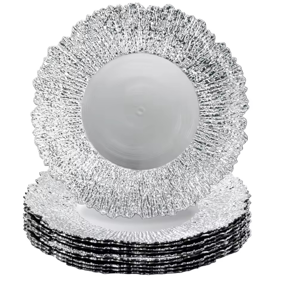 13 Inch Novelty Eco-Friendly Reusable Plastic Silver Charger Plate Customized Pattern On-Glazed Technique for Wedding Hotels