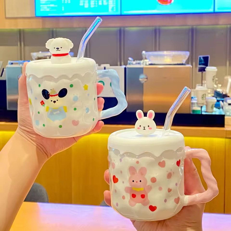 Ins Style Cartoon Ceramic Cup With Straw & Lid, Cute Couple Mugs for Home Use, Creative Gift Coffee Mug Support Custom Logo