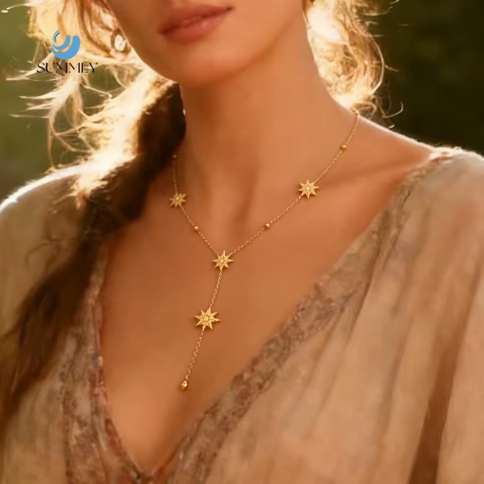 SUMMLY Trendy Eight Pointed Star Inlaid Zircon Y-Shaped Bamboo Chain 18K Gold Plated Stainless Steel Necklace Fashion Jewelry
