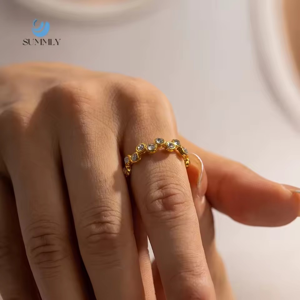 SUMMLY Trend Wholesale 18K Gold Plated Stainless Steel with Diamonds Open Ring Fashion Jewelry Manufacturer