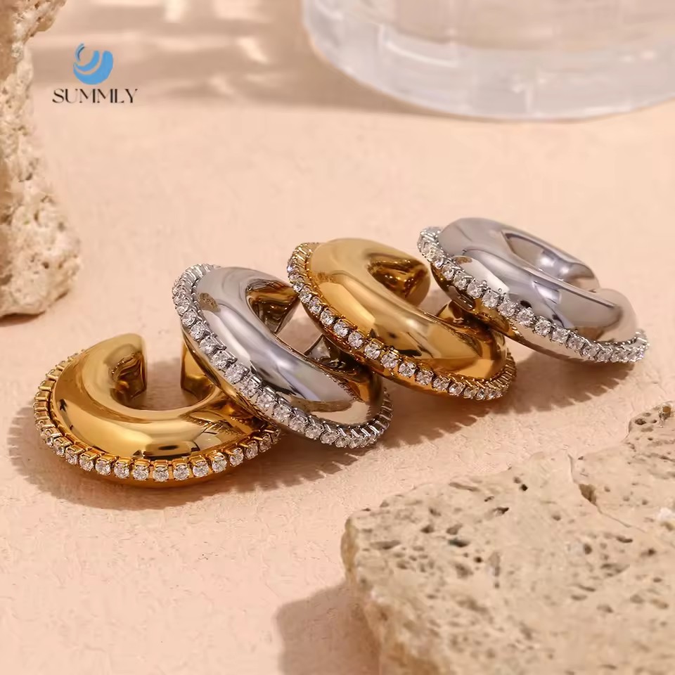 SUMMLY Personality Temperament C-Shaped 18K Gold Plated Stainless Steel Earrings Fashion Zirconia Jewelry Manufacturer