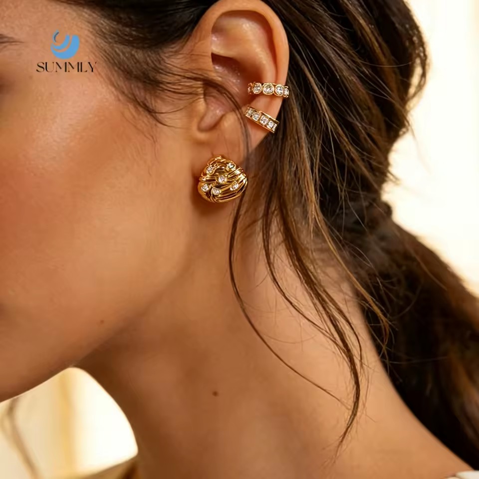 SUMMLY Trendy Zircon Shell Stud Earring 18K Gold Plated Stainless Steel Hypoallergenic Waterproof Fashion Jewelry for Women