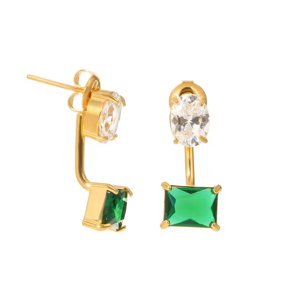 Ins Style High Quality 18K Gold Stainless Steel Oval and Rectangular Earrings with Front and Back Zirconia for Women