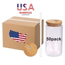 Reusable BPA Free Sublimation Blanks 50 Pack 16oz Clear Glass Can Tumbler with Bamboo Lid and Straw