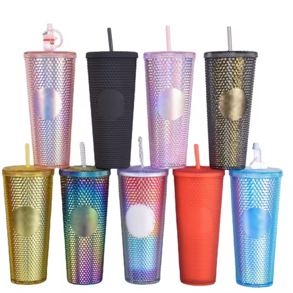 Eco Friendly Reusable Double Wall Plastic Bling Diamond Tumbler Glitter Cup with Lid and Straw