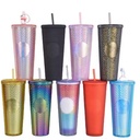 Eco Friendly Reusable Double Wall Plastic Bling Diamond Tumbler Glitter Cup with Lid and Straw