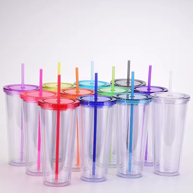 24oz AS Double Plastic Transparent Straw Cup Plastic Cups logo Custom logo Printed Reusable 32oz Plastic Cup with Lid