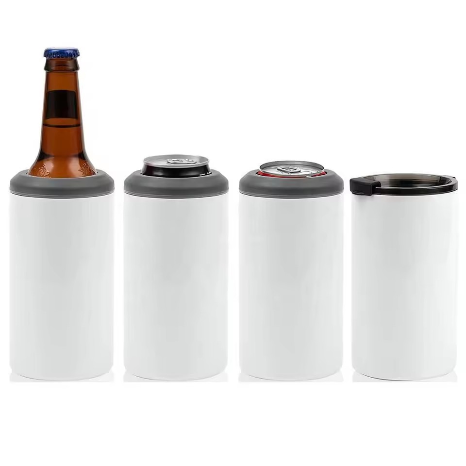 12oz/14oz Wholesale White Blanks Slim Sublimation Can Cooler 4 in 1 Two Lids Vacuum Insulated Keep Cold