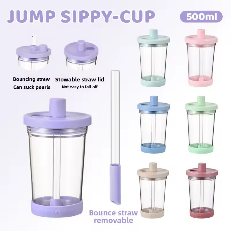 2026 New 500ml 850ml Tritan Straw Cup with Sippy Lid Large Hole Suction Pearl Milk Tea Portable Bouncing BOBA Water Cup