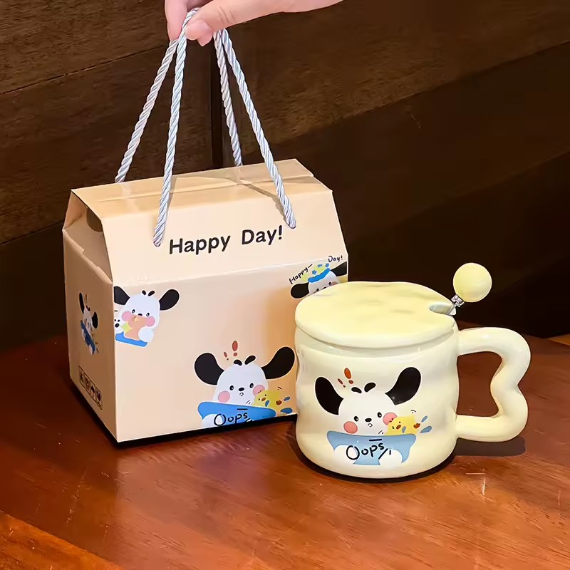 Practical Ceramic Mug Set with Lid and Spoon Cartoon Design Style for Business Gifts Best Friends and Girls' Birthdays