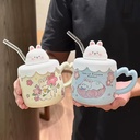 Cute Rabbit Ceramic Straw Mug Lid High-Looking Cartoon for Girls for Household Water Office Use for Birthday Souvenir Gift