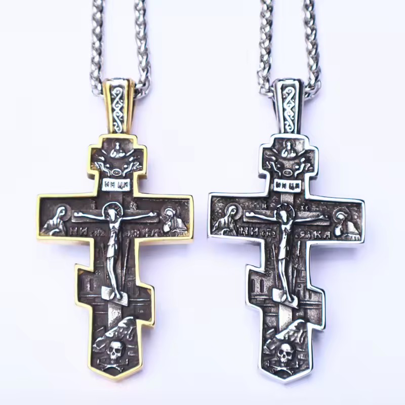 OEM PRODUCTION Orthodox Christian Stainless Steel Religious Necklace Gold Plated Crucifix Jesus Cross for Gift or Party