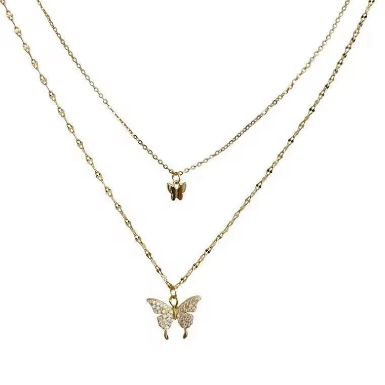Dainty Statement 18K Gold Plate Choker Double Butterfly Pendant Necklace for Women Animal Non Tarnish Zircons Butterfly Necklace