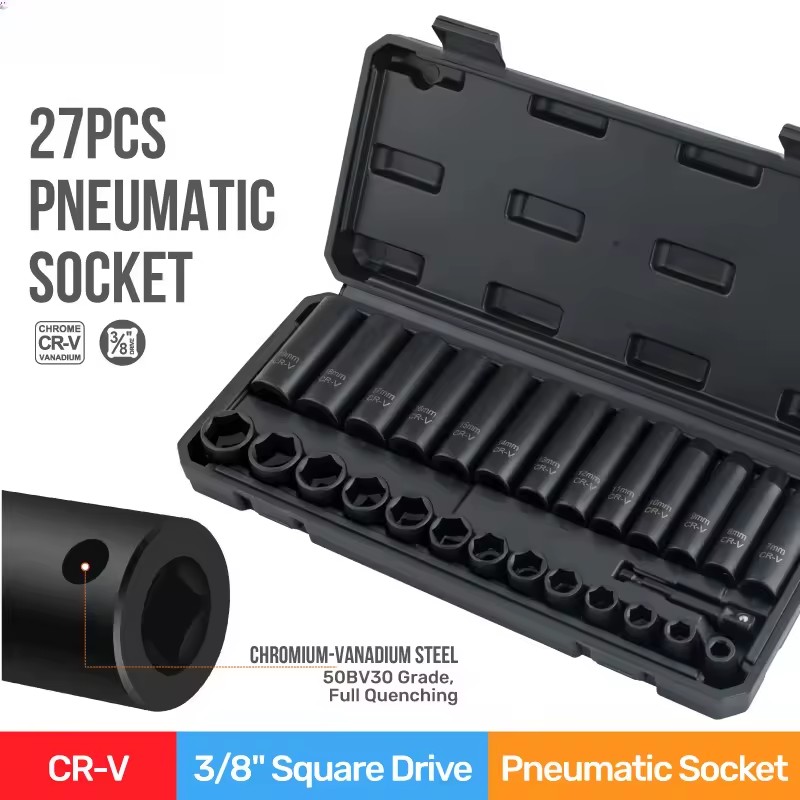 Professional 27-Piece 3/8" Hex Impact Socket Set CR-V Steel OEM Industrial Grade Mechanical Tool Box Deep/Shallow Lengths