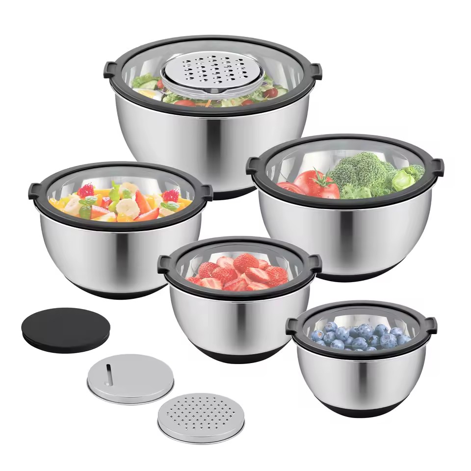 Stainless Steel Mixing Bowl With Grater Salad Bowl 3QT 5QT Metal Mixing Bowls With Transparent Lids Set