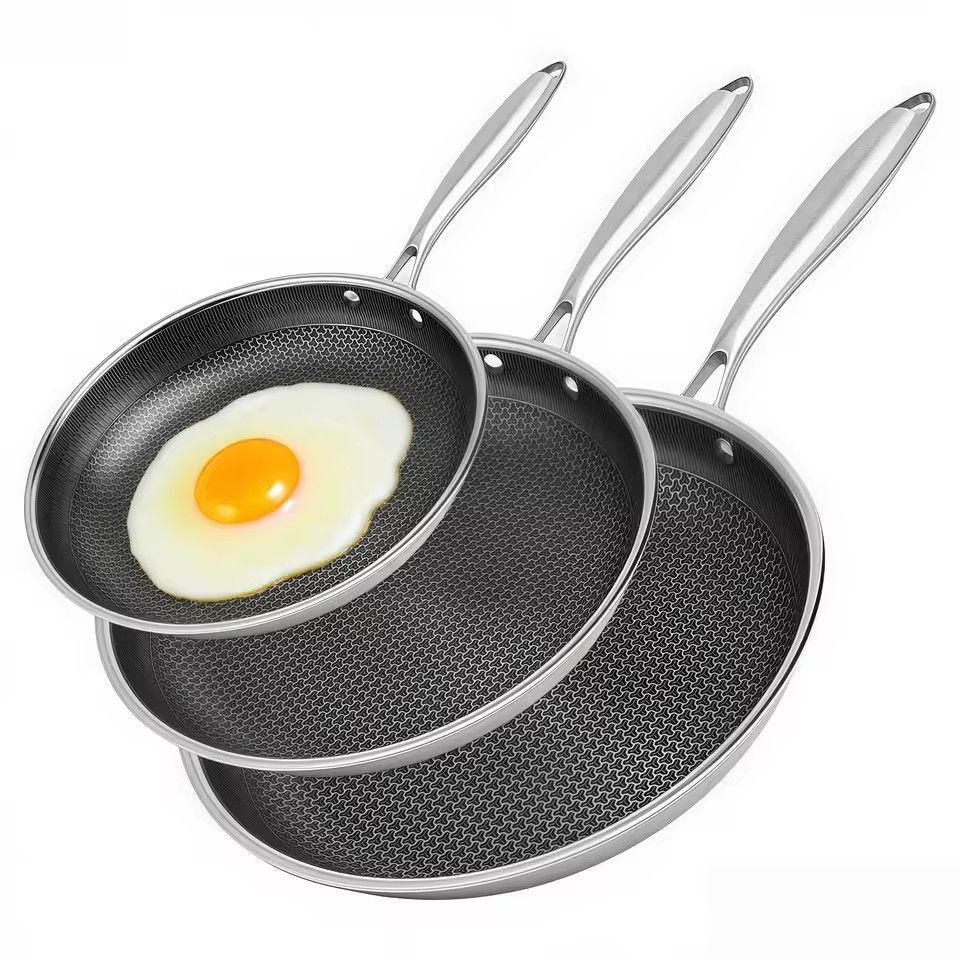 Wholesale Custom Triply Non-Stick 304 Stainless Steel Induction Cookware Set 20/24/28cm Honeycomb Ceramic Skillet Home Cooking