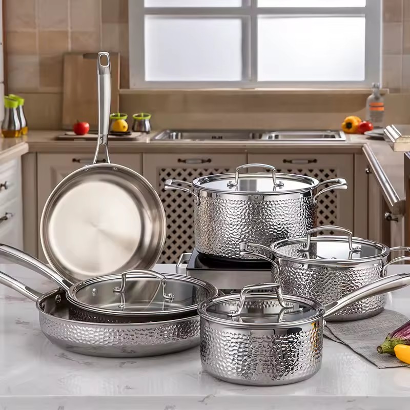 Custom High Quality 6 PCS Tri-ply Stainless Steel Pots and Pan Hammered Cookware Set